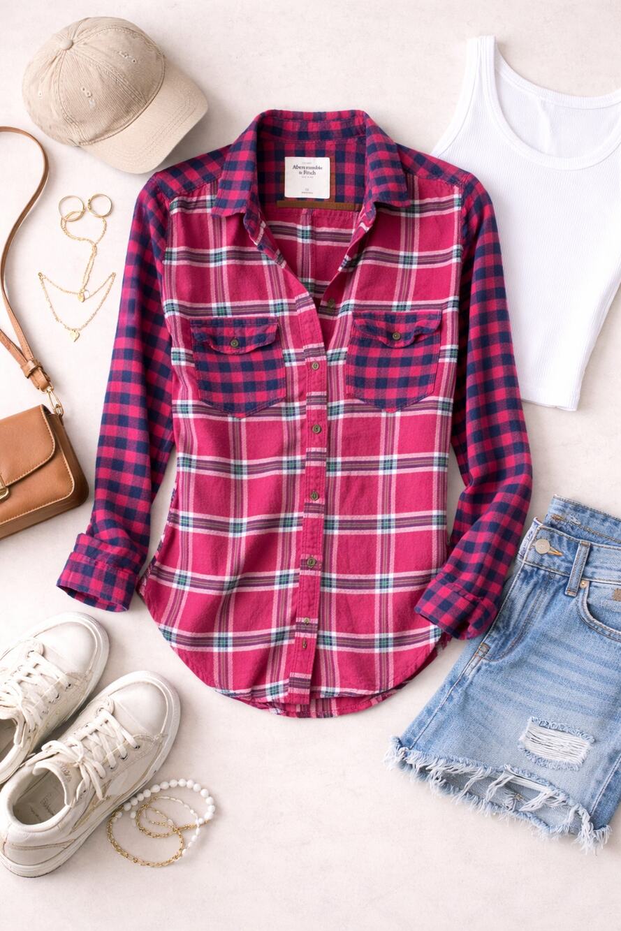 Abercrombie & Fitch Women's Plaid Buffalo Check Button Down Shirt Pink Size XS